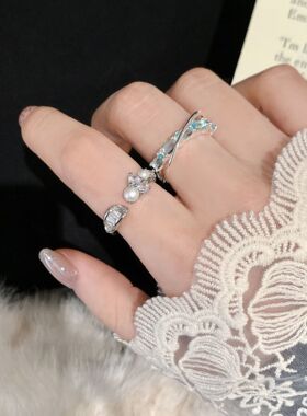 精致蓝色交叉戒指女简约时尚百搭叠戴气质开口指环小香风食指戒潮