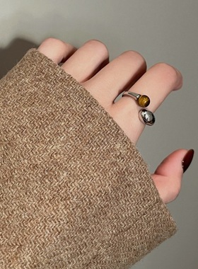 美拉德圆珠戒指女个性气质素圈虎眼石精致S925镀银开口指环食指戒