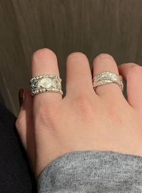 宽边镂空圆形钱币戒指女简约线条麻花百搭S925镀银开口指环食指戒