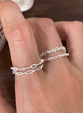 甜酷叠戴爱心戒指女几何不规则镂空链条S925银开口指环ins食指戒