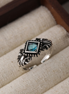 甜酷蓝色方块锆石戒指女复古做旧时尚百搭S925镀银开口指环食指戒