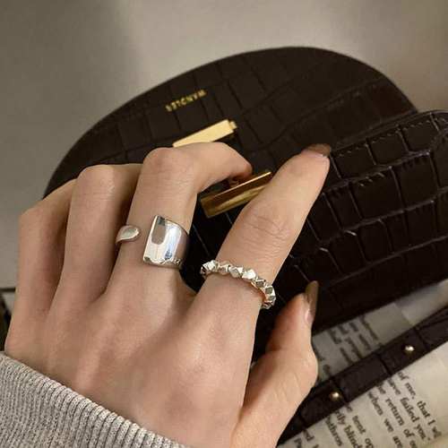 日韩S925银几何方块切割戒指女复古时尚不规则开口指环嘻哈食指戒