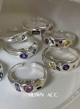 彩色绚丽锆石戒指女精致轻奢优雅爱心S925银开口指环气质食指戒潮