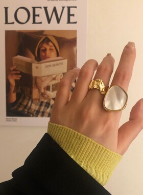 韩版S925银戒指女复古欧美ins夸张设计梯形贝壳开口指环食指戒潮