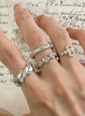 甜酷个性鸢尾花戒指女百搭叠戴网红创意嘻哈开口指环中古风食指戒