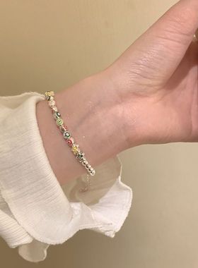 夏日冰激凌吊坠手链女小众设计油画花朵甜美S925银手环彩虹配饰潮