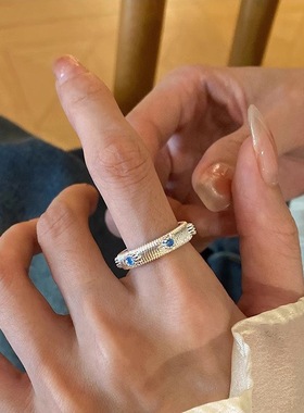 海蓝色星星拉丝戒指女ins风小众设计感开口指环甜酷时尚食指戒潮