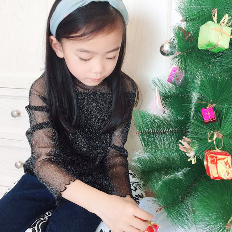 女童蕾丝打底衫韩新春秋薄款亮片儿童网纱上衣女外穿公主长袖T恤