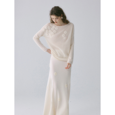 SOFTSELF慵懒春雾春季新款手工立体钩花羊绒羊毛针织圆领毛衣