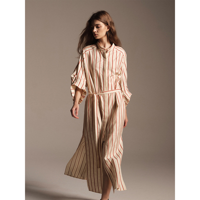 SOFTSELF雾绒诗秋季新款显瘦纯棉条纹轻薄衬衫长裙气质