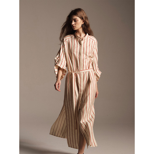 SOFTSELF雾绒诗秋季新款显瘦纯棉条纹轻薄衬衫长裙气质