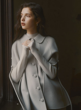 SoftSelf秋冬新款法式优雅翻领羊毛斗篷大衣精致复古毛呢外套