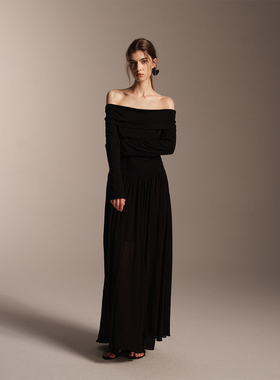 SOFTSELF雾绒诗秋季新款一字肩长袖修身大裙摆连衣裙法式