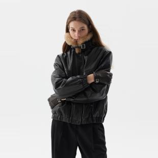 SoftSelf·和煦之墨摩登小众设计绵羊皮质感机车皮衣加绒外套