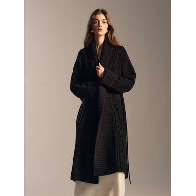 SOFTSELF雾绒诗冬季新款女高级感山羊绒翻领系带中长款毛衣