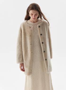 SoftSelf·和煦之墨中长款皮毛一体外套简约圆领羊毛皮草女新款