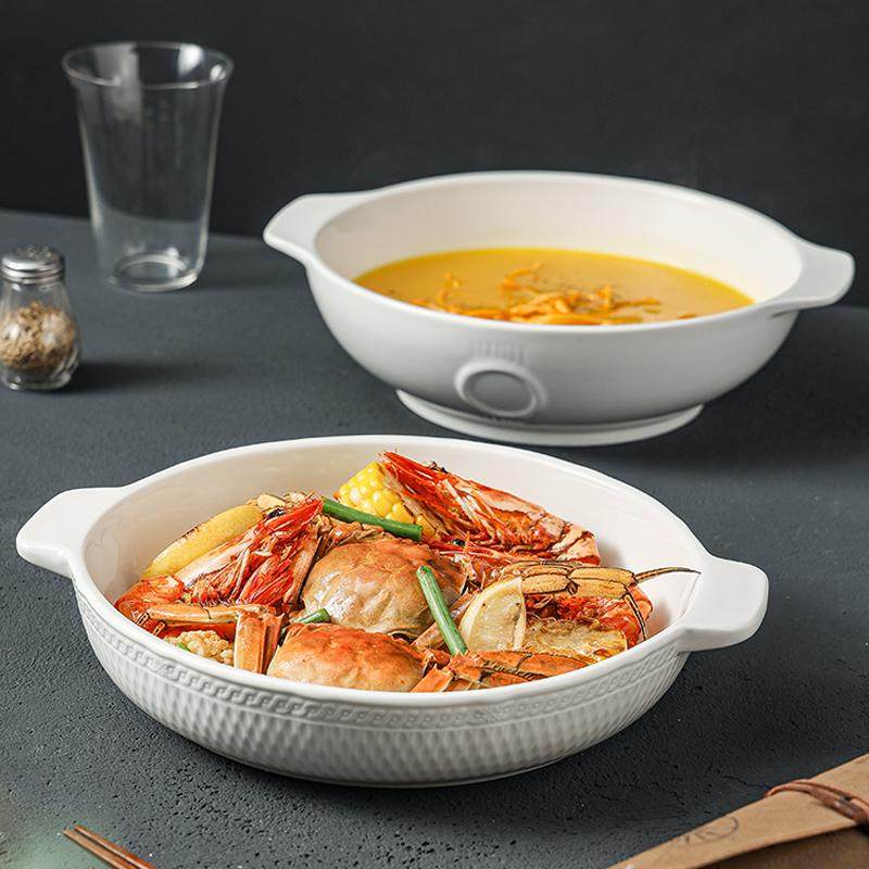 双耳汤碗酒店家用陶瓷创意防烫白色简约干锅浅碗大容量深汤盆烤碗,餐饮具,碗,淘宝优惠券,粉丝福利购,淘宝优惠卷