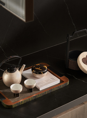 原木复古风餐边柜斗柜桌面陶瓷茶具茶壶托盘装饰画氛围感摆件陈列