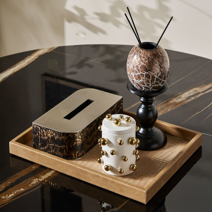 现代雅奢VIP室茶几桌面托盘收纳装饰罐纸巾盒组合高级感装饰摆件