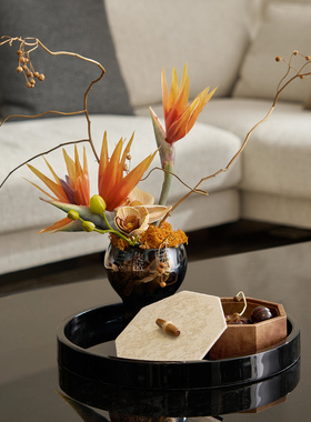 中式圆形托盘收纳盒花器摆件搭配