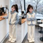 2025新款 女童冬装 卫衣三件套装 儿童女孩中大童洋气马甲加绒加厚潮