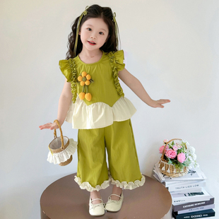 女童夏套装2026新款时尚休闲洋气时髦荷叶边短袖阔腿裤女童套装