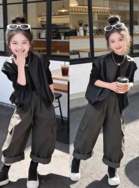 女童秋季套装2026儿童新款洋气休闲时尚简约韩版潮酷工装三件套潮