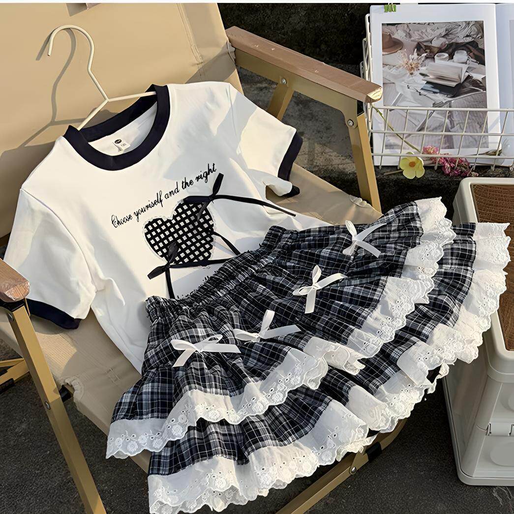 女童夏季2026新款夏款套装韩版洋气甜美卡通短袖格子裙两件套潮