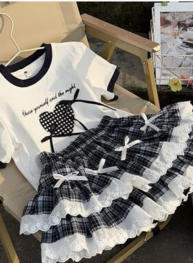 女童夏季2026新款夏款套装韩版洋气甜美卡通短袖格子裙两件套潮