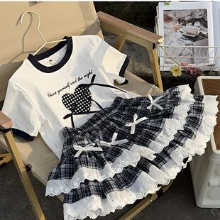 女童夏季2026新款夏款套装韩版洋气甜美卡通短袖格子裙两件套潮