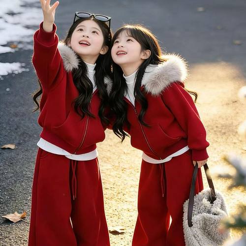 女童冬季秋冬加绒拜年套装2025新款中大童红色外套休闲两件套