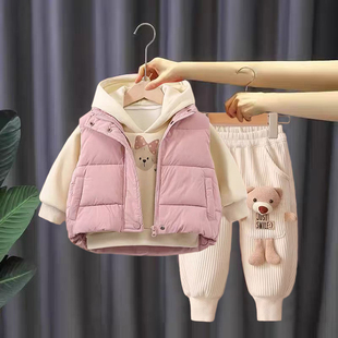 女童秋冬季加绒加厚2025新款宝宝冬装儿童连帽卫衣加厚外套三件套