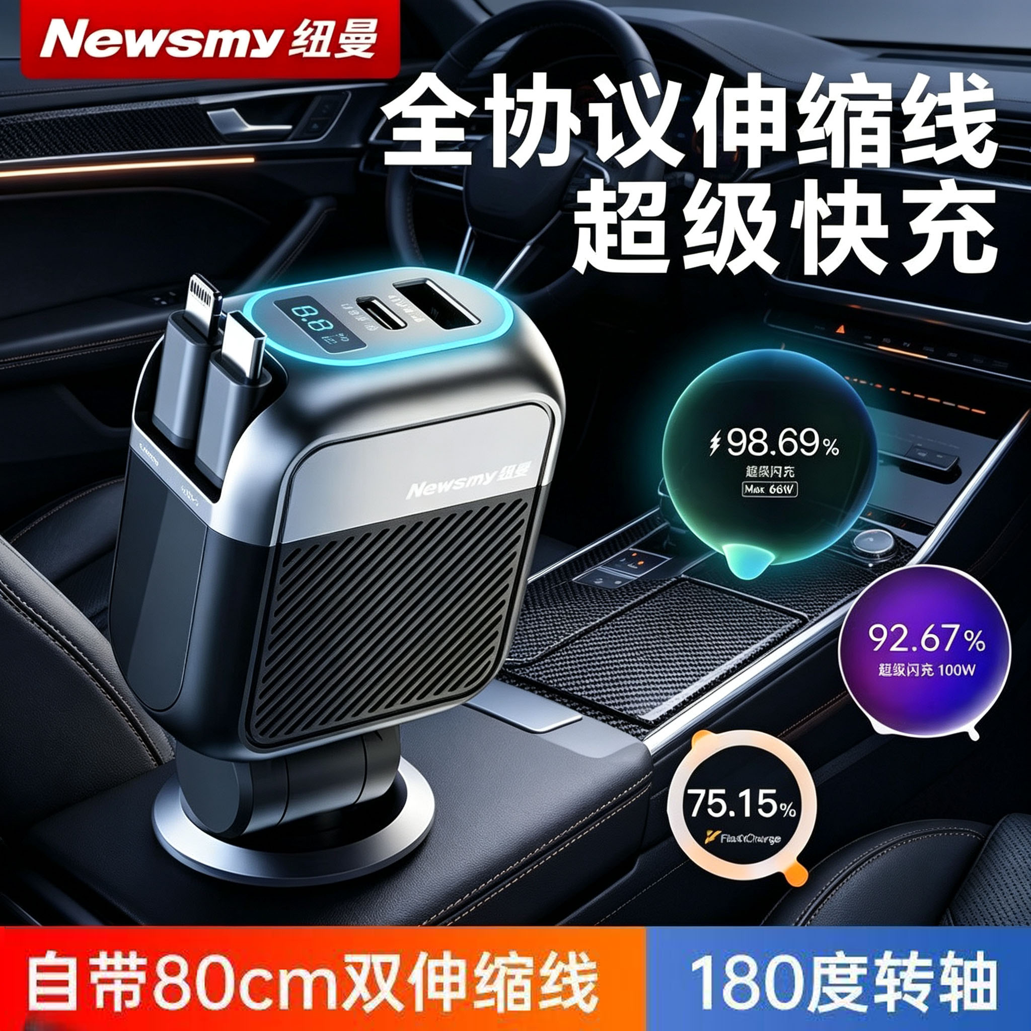 纽曼车载充电器超级快充伸缩线一拖三点烟器转换插头快充2026新款