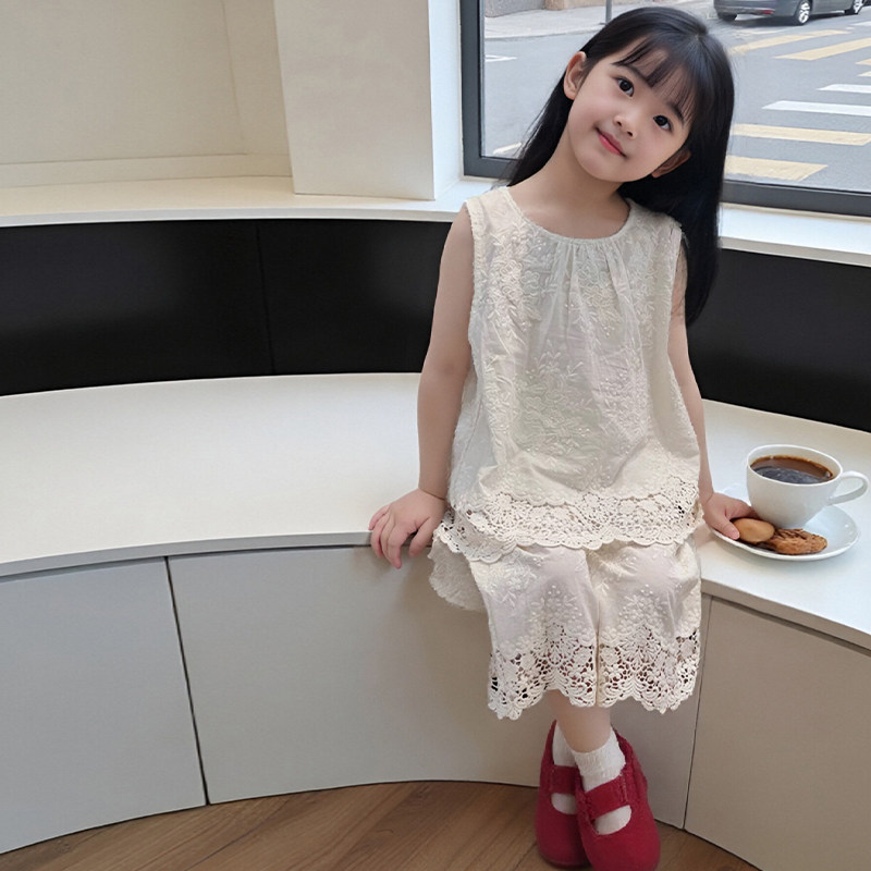 女童高档蕾丝阔腿裤套装2025夏季新款儿童百搭夏装宝宝韩版两件套