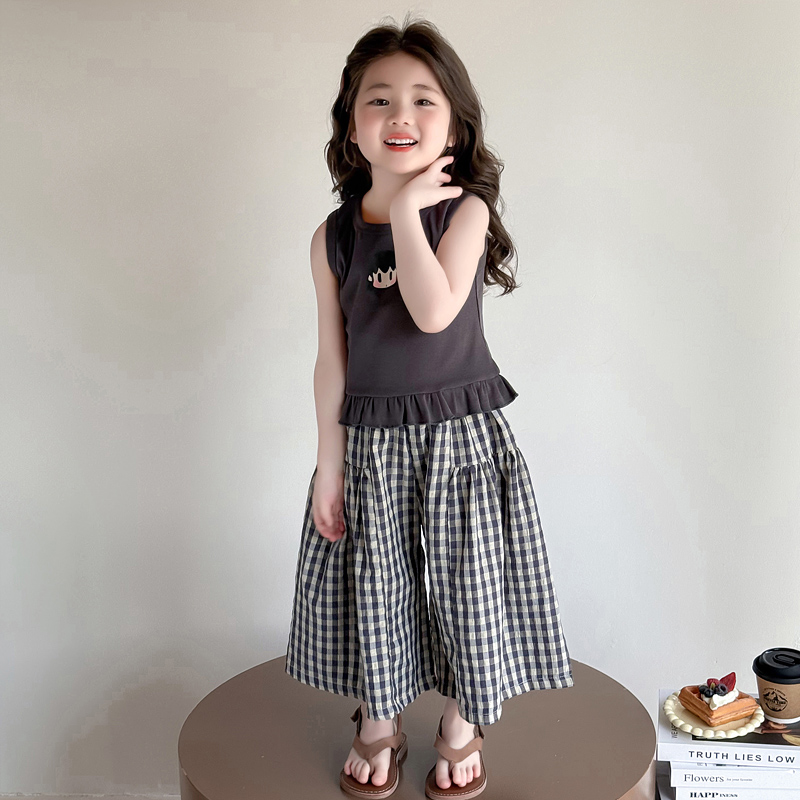 女童装夏季套装2025新款儿童夏装小女孩薄款短袖上衣格子裤两件套