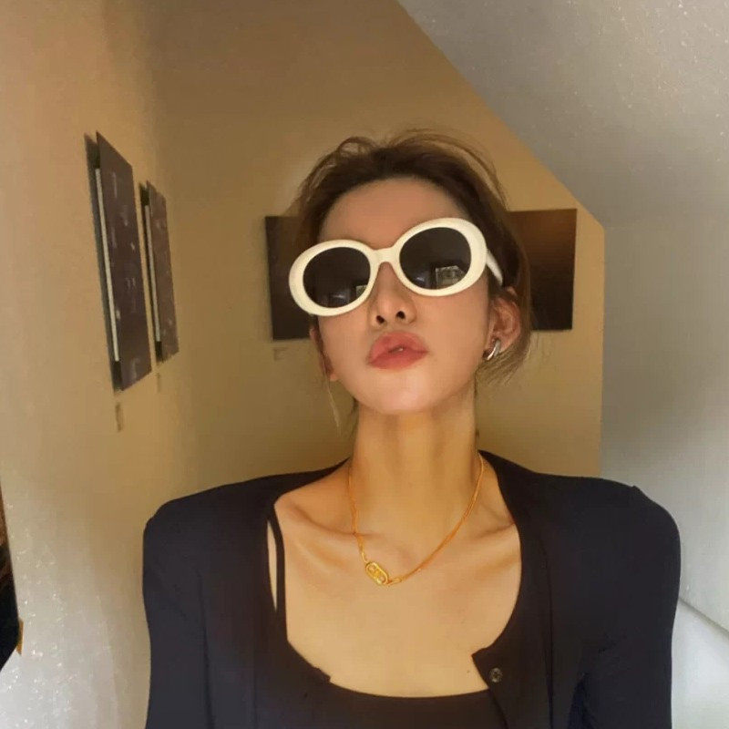 欧美ins椭圆白色墨镜女网红街拍大脸圆脸显瘦太阳眼镜潮男复古款