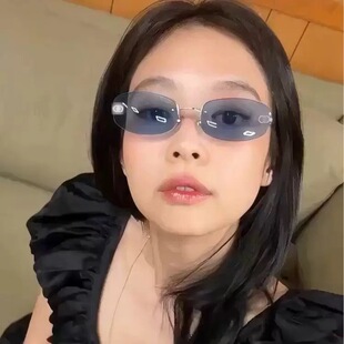欧美辣妹风无边框蓝色太阳镜Jennie演唱会同款y2k高级感中古墨镜