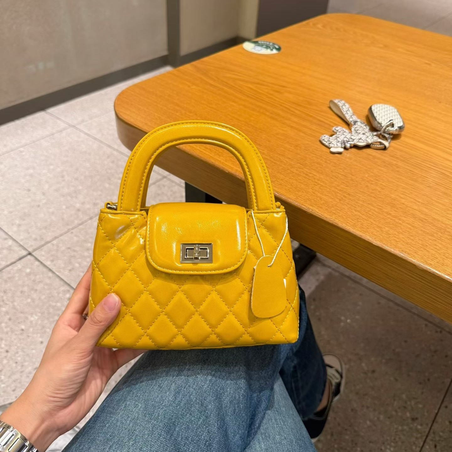 小香风25c手提包包女柠檬黄复古菱格链条包中古包网红mini手拎包