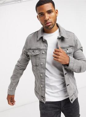 R英国直邮新款灰色水洗帅气翻领牛仔夹克男个性简约欧美大气