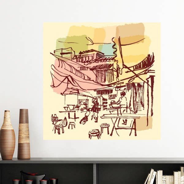 泰国简笔画繁荣的村落墙贴壁纸房间贴花