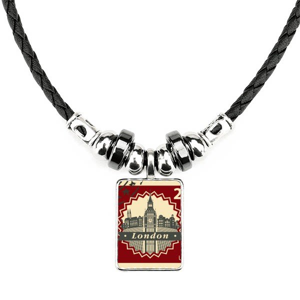 伦敦大本钟邮票剪影英国手工皮绳项链吊坠饰品