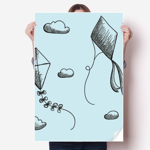 简单几何手绘风筝纹样海报贴纸80x55cm墙贴纸卧室家居装饰