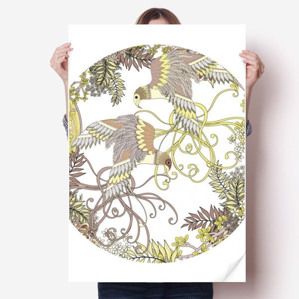 小鸟树叶花朵纹样海报贴纸80x55cm墙贴纸卧室家居装饰