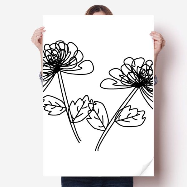手绘菊花线条插画海报贴纸80x55cm墙贴纸卧室家居装饰