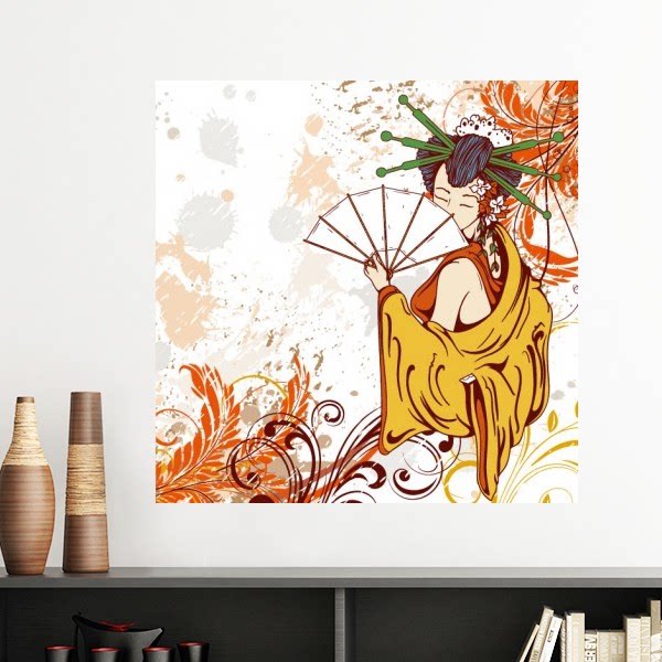 艺伎扇子和服树叶手绘日本墙贴壁纸房间贴花