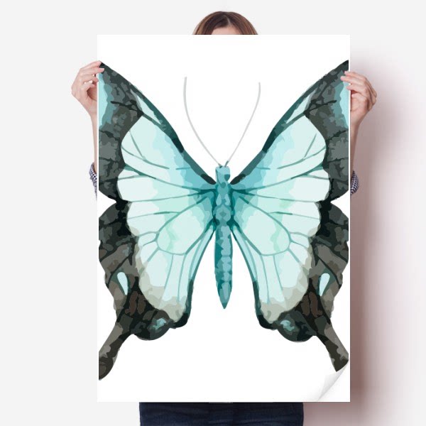 浅蓝翅膀蝴蝶剪影图案海报贴纸80x55cm墙贴纸卧室家居装饰