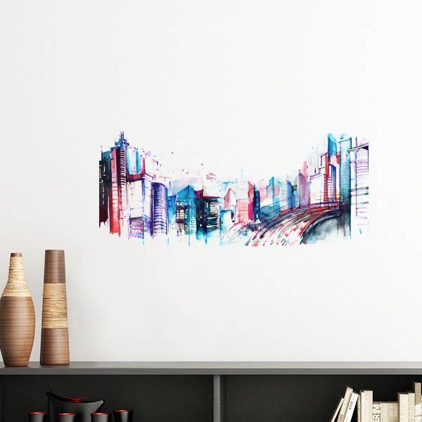 现代建筑摩天大楼水彩城市墙贴壁纸房间贴花