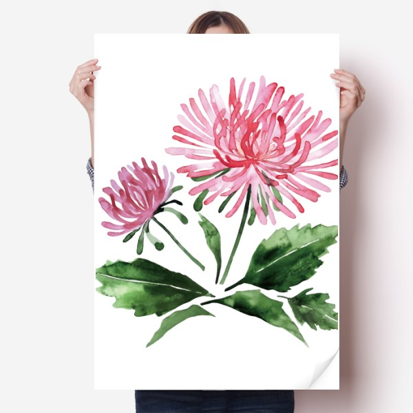 水彩粉色菊花绿叶海报贴纸80x55cm墙贴纸卧室家居装饰