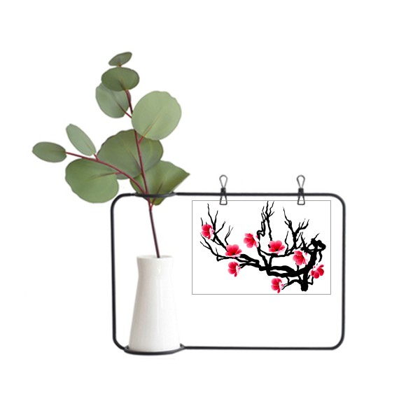 日本文化红黑树枝花剪影艺术图案金属相框陶瓷花瓶装饰