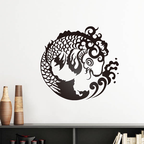 线描黑白鱼波浪花纹墙贴壁纸房间贴花